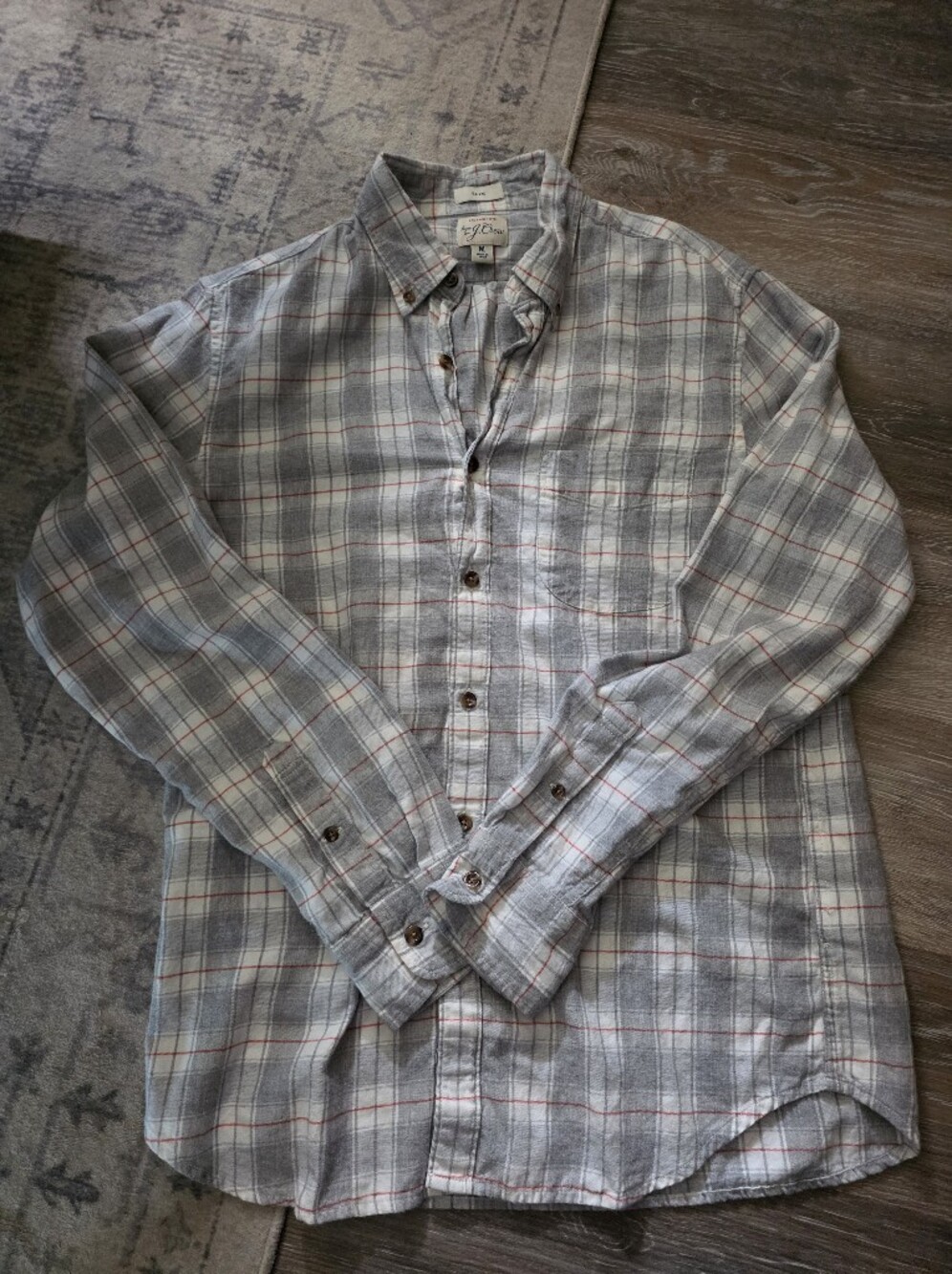 J. Crew Light Gray Plaid Button-Down Shirt with Red & Blue Accents